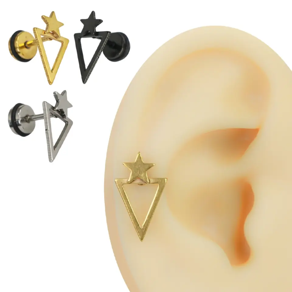 Siyah, sarı ve gümüş renk seçenekli 316L cerrahi çelik yıldızlı üçgen helix ve lobe piercing