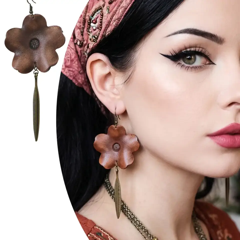 Antik sarı yaprak sallantılı ve çiçek figürlü el yapımı deri küpe bohem model