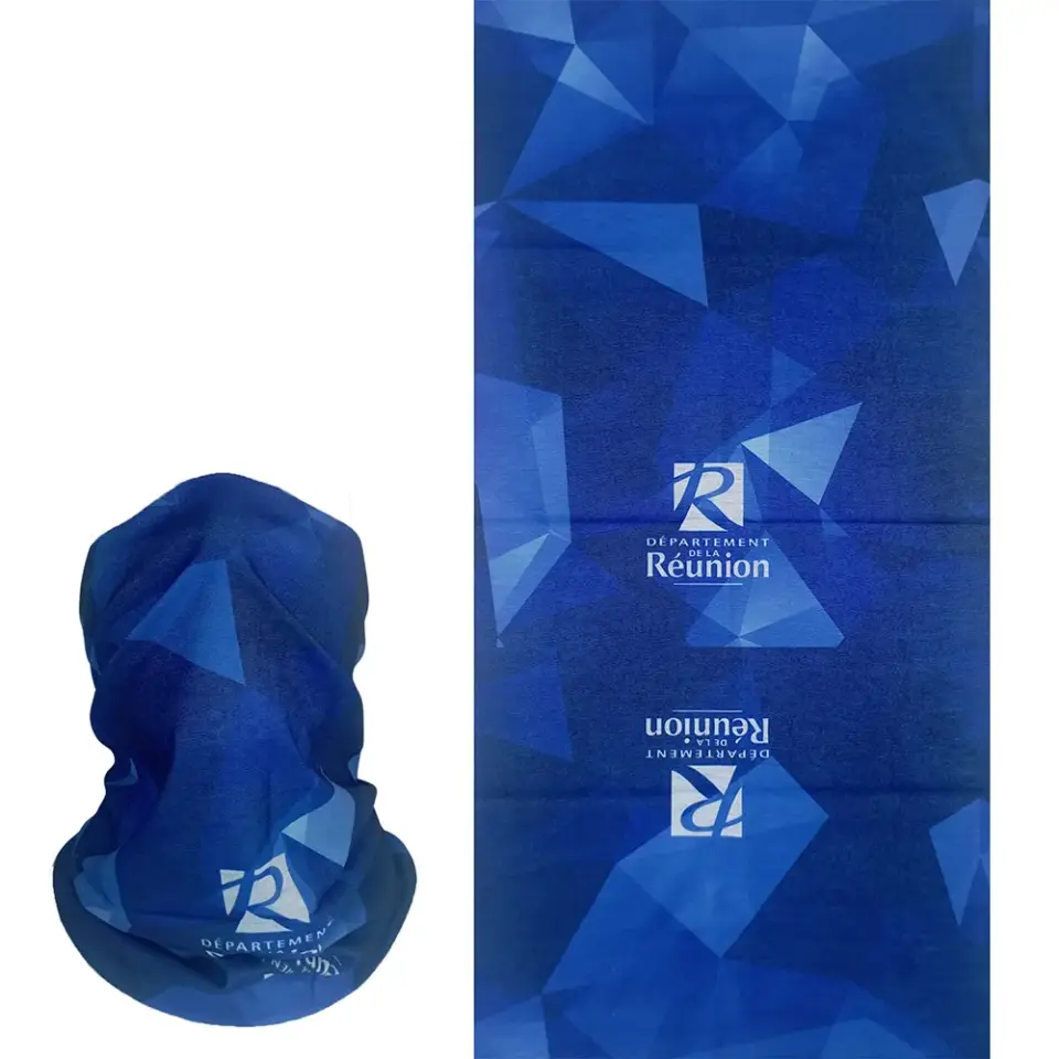 mavi geometrik desenli kafaya ve boyuna bağlanan buff bandana saç bandı