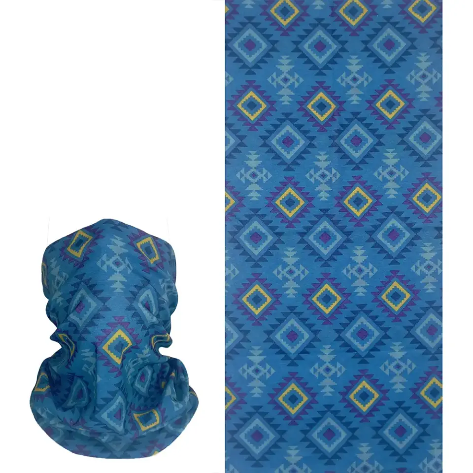 mavi tribal desenli boyuna ve kafaya sakılan saç bandı buff bandana