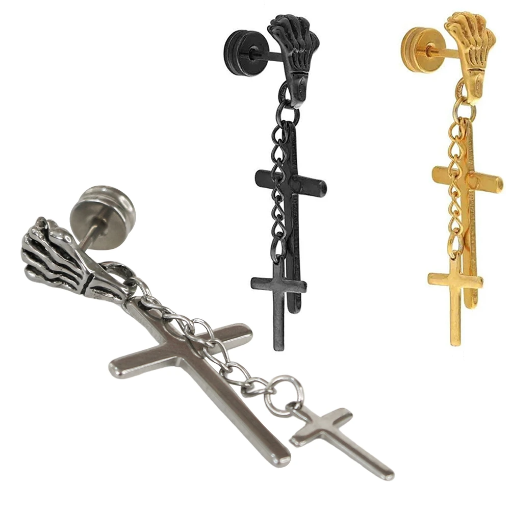 Siyah, sarı ve gümüş renk alternatifleriyle iskelet eli ve sallantılı haç figürlü tünel görünümlü lobe piercing yan yana görünümü