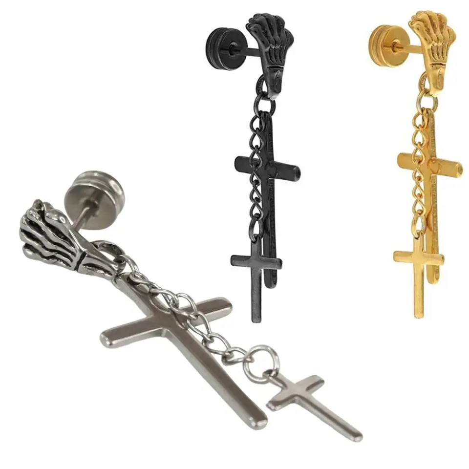 Siyah, sarı ve gümüş renk alternatifleriyle iskelet eli ve sallantılı haç figürlü tünel görünümlü lobe piercing yan yana görünümü