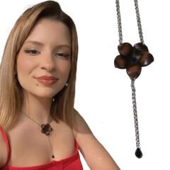 El Yapımı Deri Çiçek Kolye | Çelik Zincirli Kristal Uçlu Tasarım