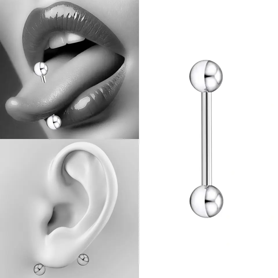 Gümüş Renkli 316L Cerrahi Çelik Toplu Dil Piercing