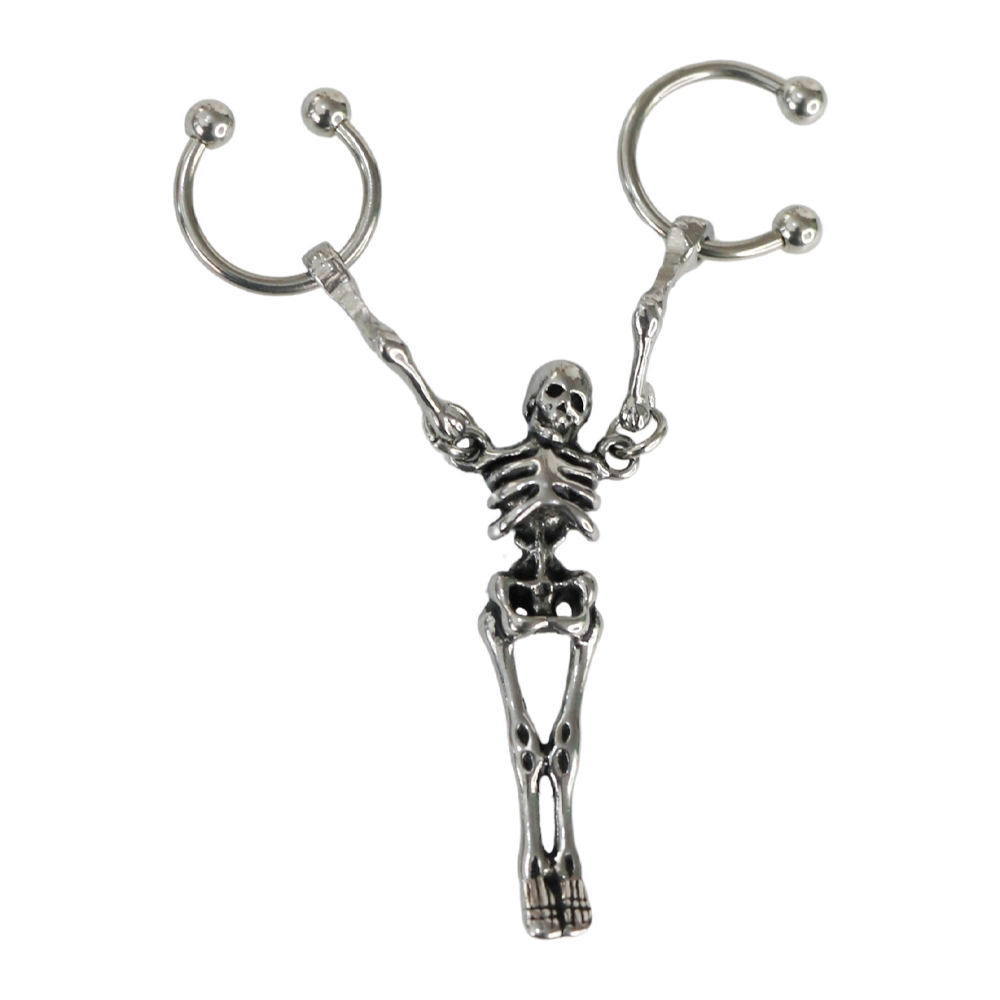 Gümüş renk tam vücut iskelet figürlü ve iki açık halkalı sallantılı gotik kulak piercingi