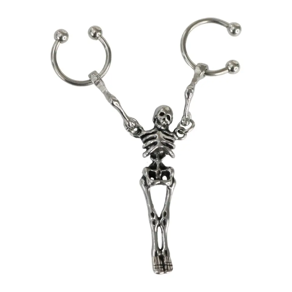 Gümüş renk tam vücut iskelet figürlü ve iki açık halkalı sallantılı gotik kulak piercingi