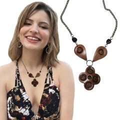 El Yapımı Deri Çiçek Kolye | Çelik Zincirli Doğal Tasarım