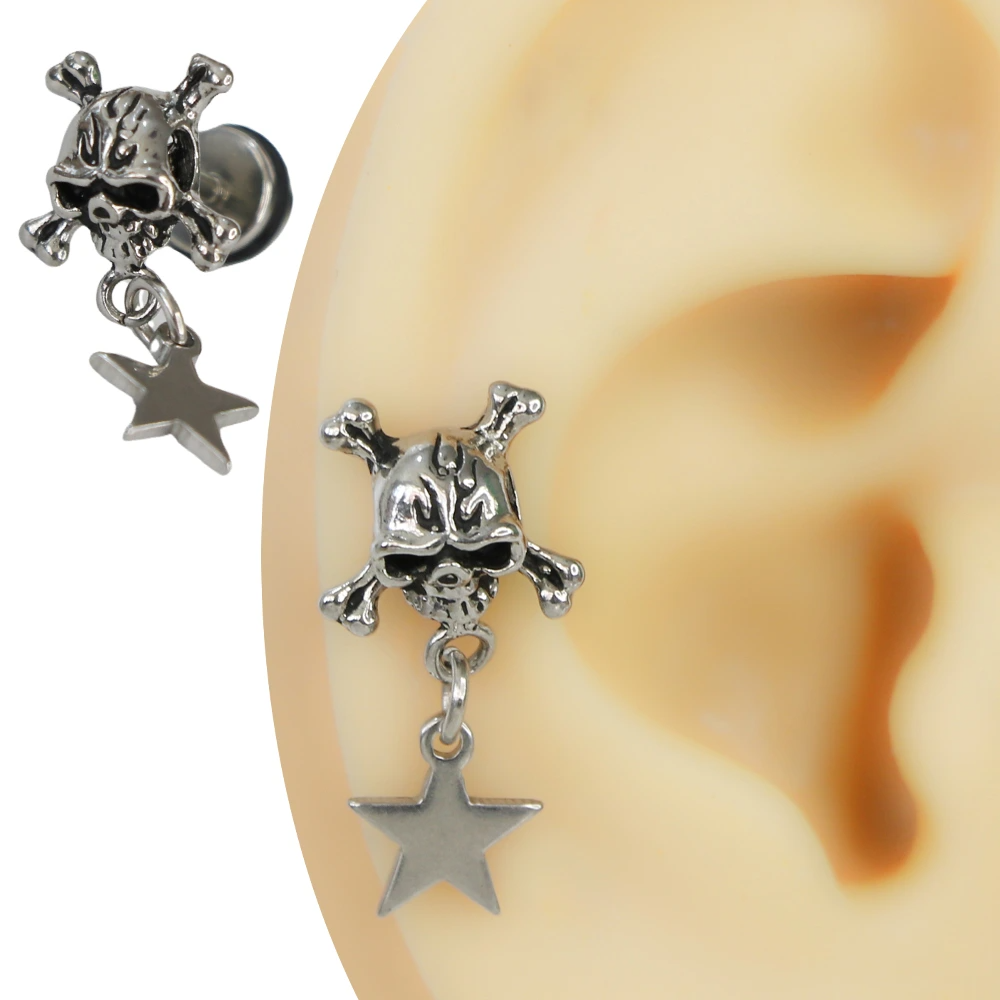 Gümüş renk kemikli kurukafa figürlü ve altından sallanan beş köşeli yıldız objeli tünel görünümlü kulak piercingi.