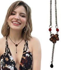 El Yapımı Deri Çiçek Kolye | Çelik Zincirli Kristal Uçlu Tasarım