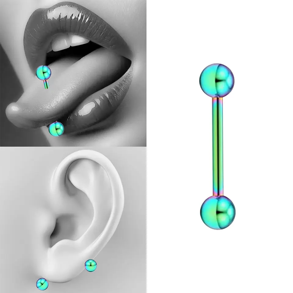 Toplu Gökkuşağı Renkli 316L Cerrahi Çelik Dil Piercing