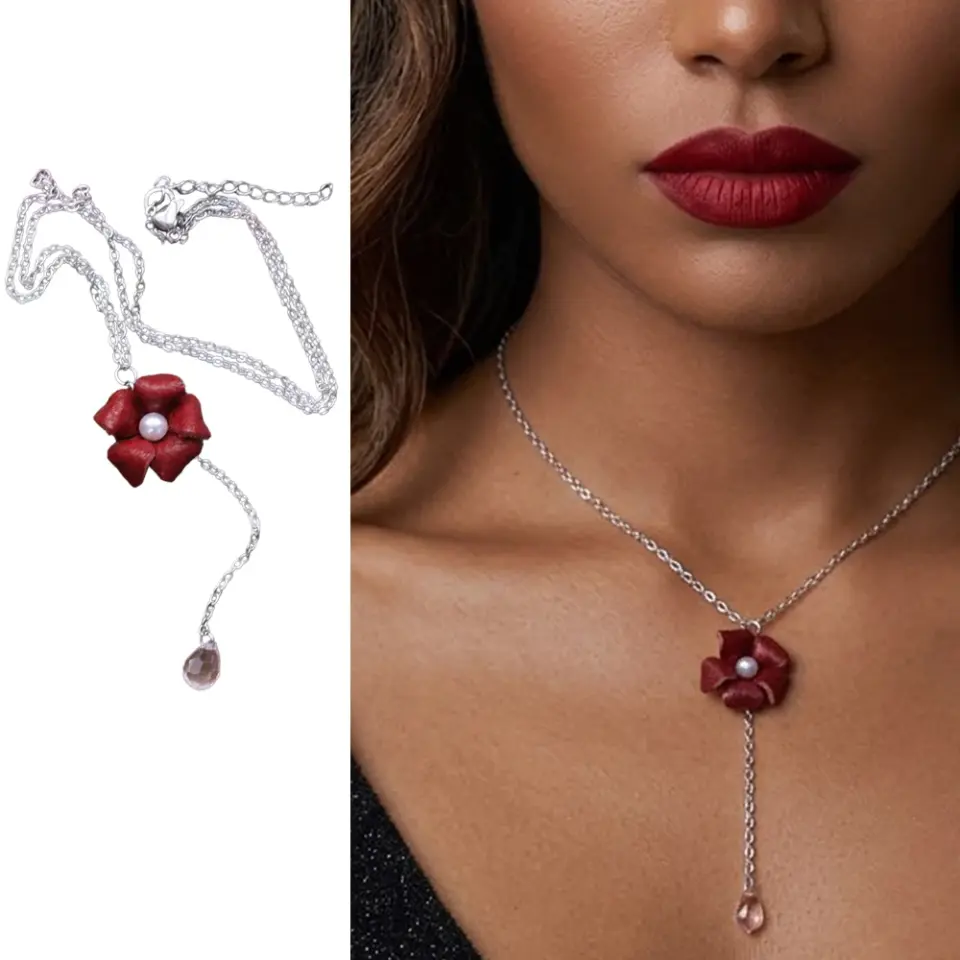 Kırmızı Güz Çiçeği El Yapımı Kristal Taşlı Çelik Zincirli Kadın Deri Kolye