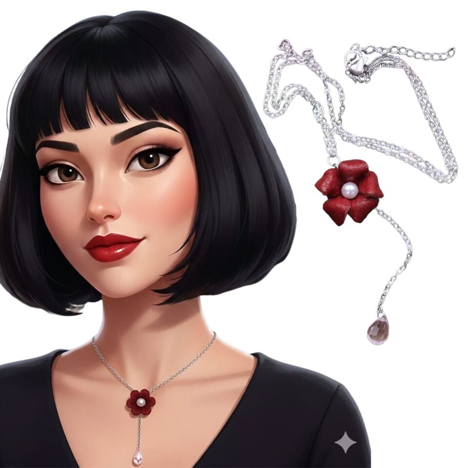 El Yapımı Kırmızı Deri Çiçek Kolye | Çelik Zincirli Pembe Kristal Uçlu Tasarım