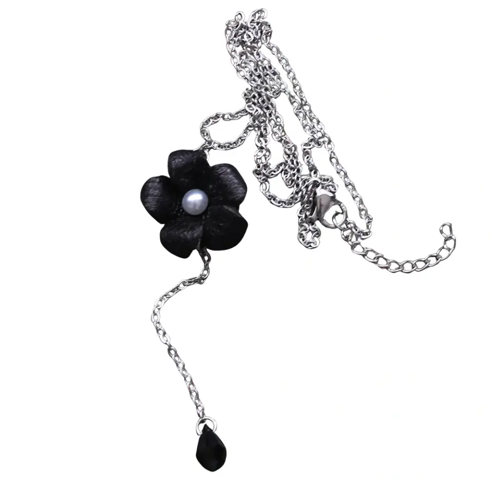 Paslanmaz çelik zincir detaylı siyah hakiki deri kadın deri kolye tasarımı