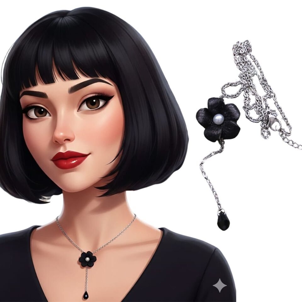 El Yapımı Siyah Deri Çiçek Kolye | Çelik Zincirli Siyah Kristal Uçlu Tasarım