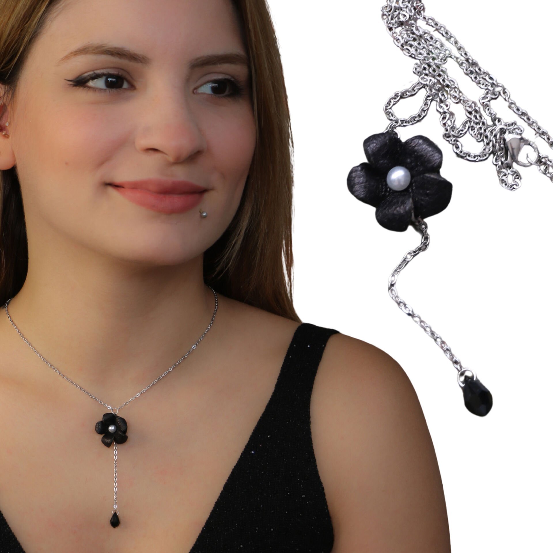 El Yapımı Siyah Deri Çiçek Kolye | Çelik Zincirli Siyah Kristal Uçlu Tasarım