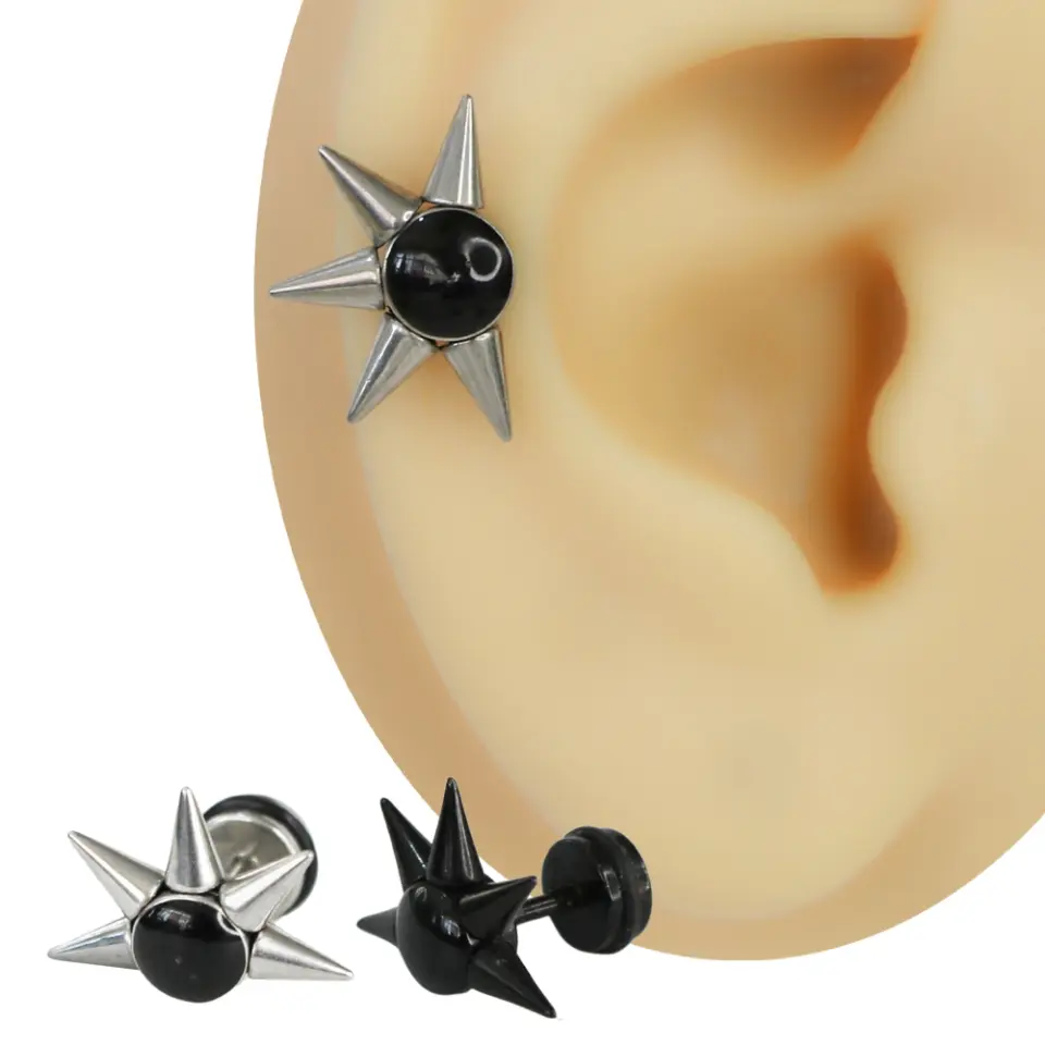 dikenli-topuz-sahte-tunel-siyah-gumus-lobe-piercing