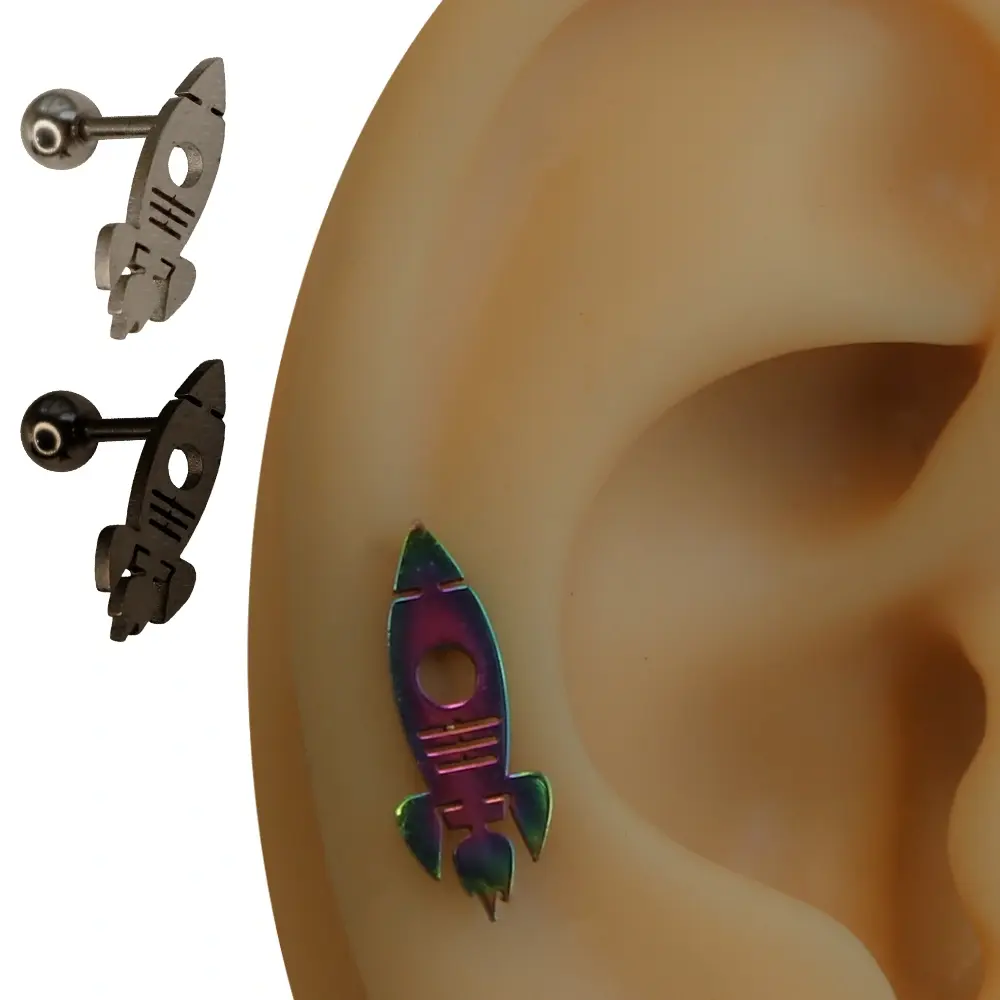 Gümüş renkli roket tasarımlı cerrahi çelik kıkırdak helix piercing