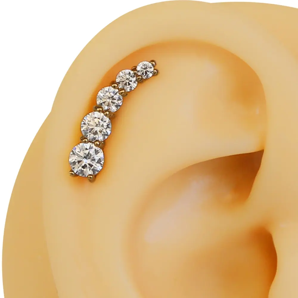 Beş Taş Diagonal altın renk zirkon taşlı 316L cerrahi çelik tragus piercing flatback