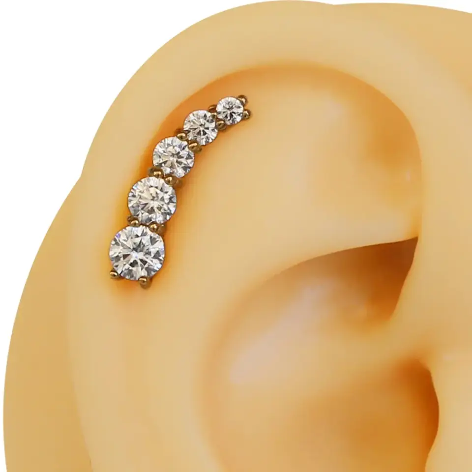Beş Taş Diagonal altın renk zirkon taşlı 316L cerrahi çelik tragus piercing flatback