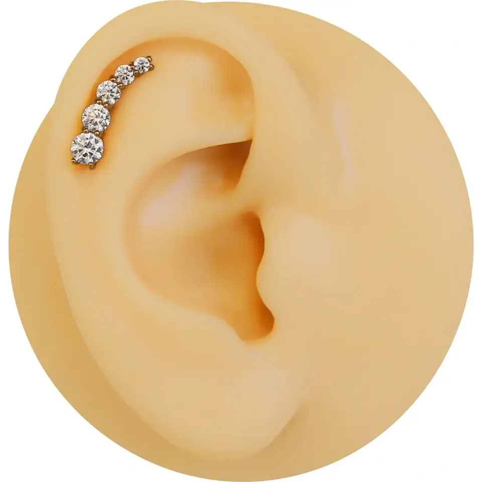 Arkası düz vidalı sistem altın gold beş taşlı diagonal kıkırdak piercing