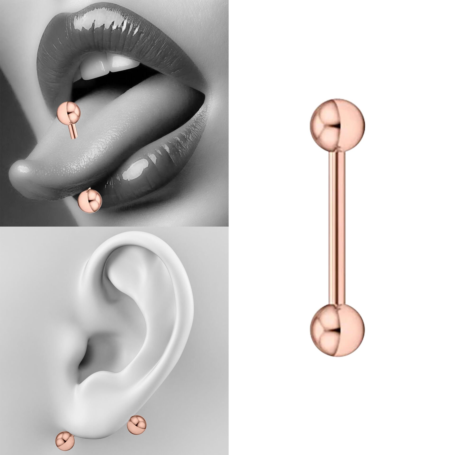 Toplu Rose Çelik 1,6 mm Düz Bar Piercing, Dil-Venom-Transverse Lobe