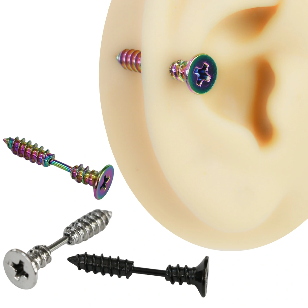 Kulak maketinde takılı gökkuşağı renkli vida görünümlü piercing ve yanında siyah ile gümüş renk seçenekleri