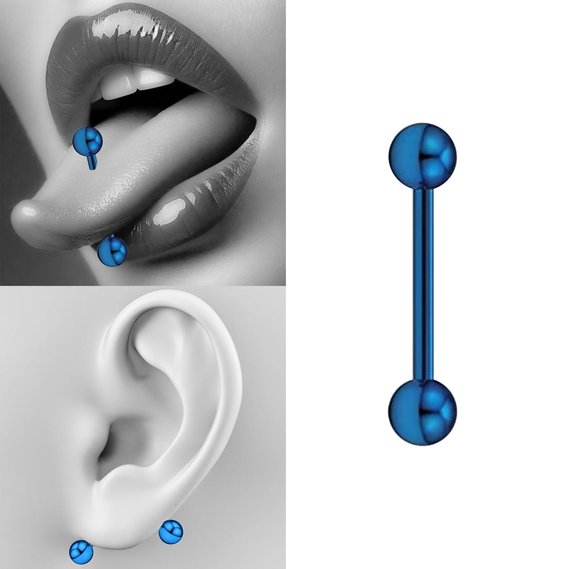 Toplu Mavi Çelik 1,6 mm Düz Bar Piercing, Dil-Venom-Transverse Lobe