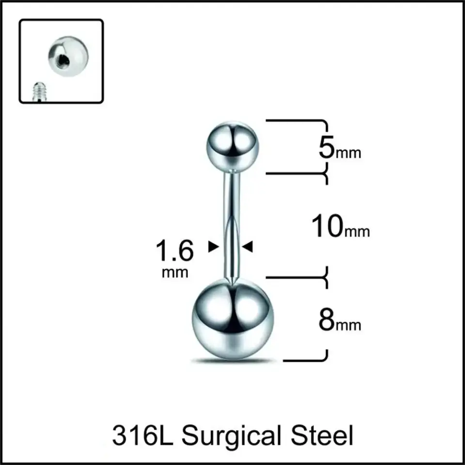 Parlak Gümüş Renk 316L Cerrahi Çelik Göbek Piercing Yakın Çekim Detayı