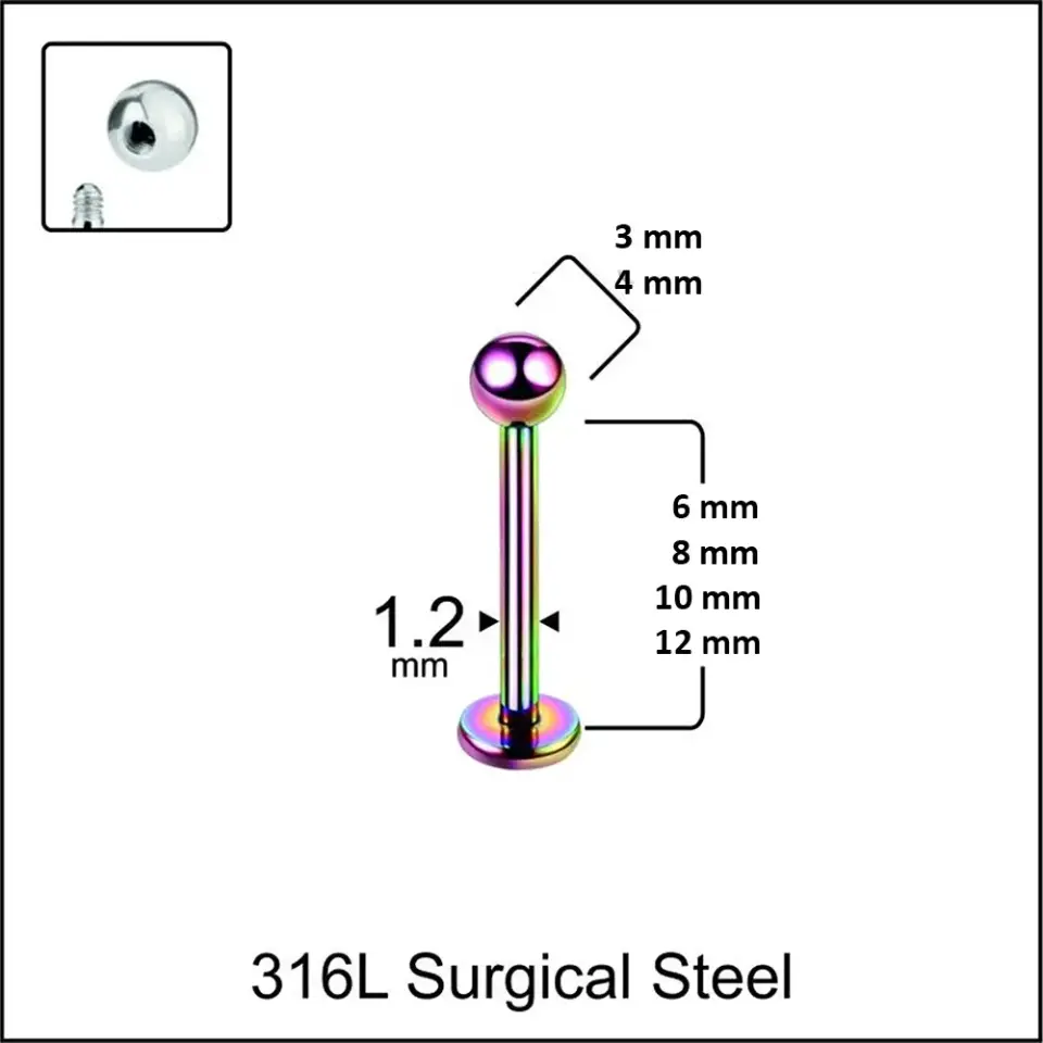 Farklı bar ve top ölçülerinde gökkuşağı dudak tragus kıkırdak piercing