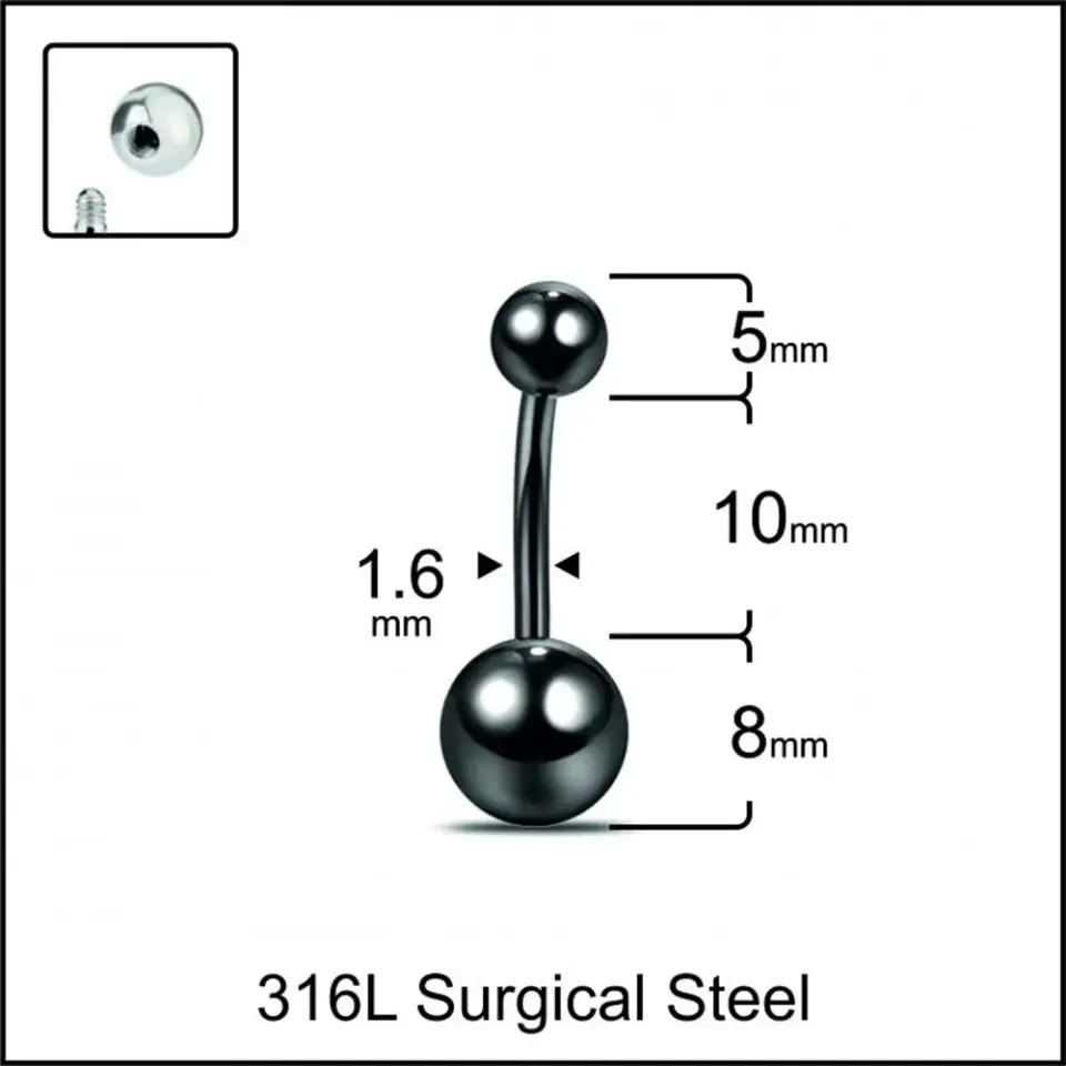 Siyah Kaplama Çift Toplu 316L Cerrahi Çelik Göbek Piercing Yakın Plan