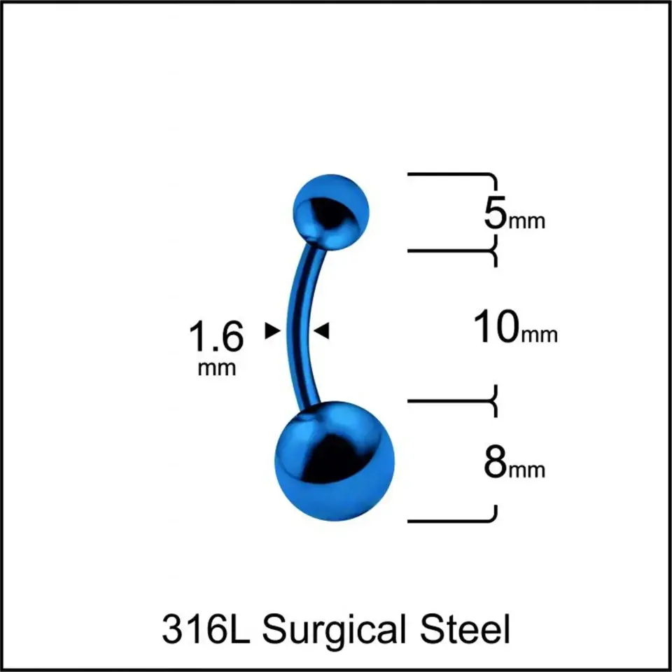 1,6 mm Kalınlığında Mavi Toplu Cerrahi Çelik Göbek Piercing Ölçüleri