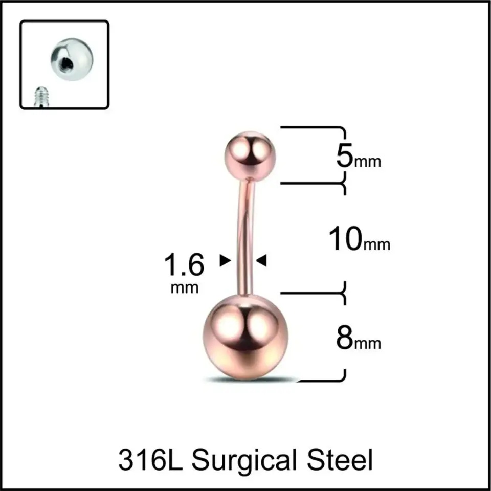 Rose Kaplama Çift Toplu 316L Cerrahi Çelik Göbek Piercing Yakın Çekim