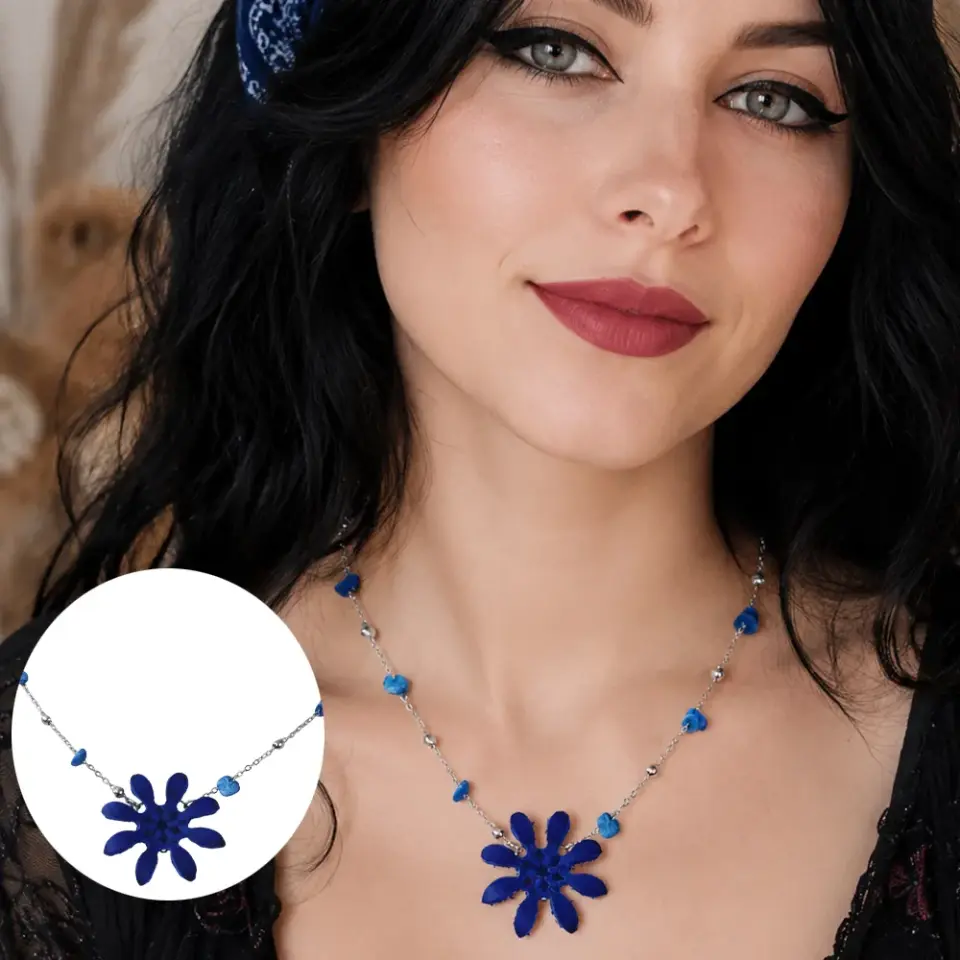 Freya gece mavisi el yapımı crazy deri çiçek kolye, çelik zincirli bohem kadın kolye