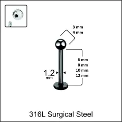6mm ile 12mm arası bar uzunluklu siyah dudak tragus kıkırdak piercing