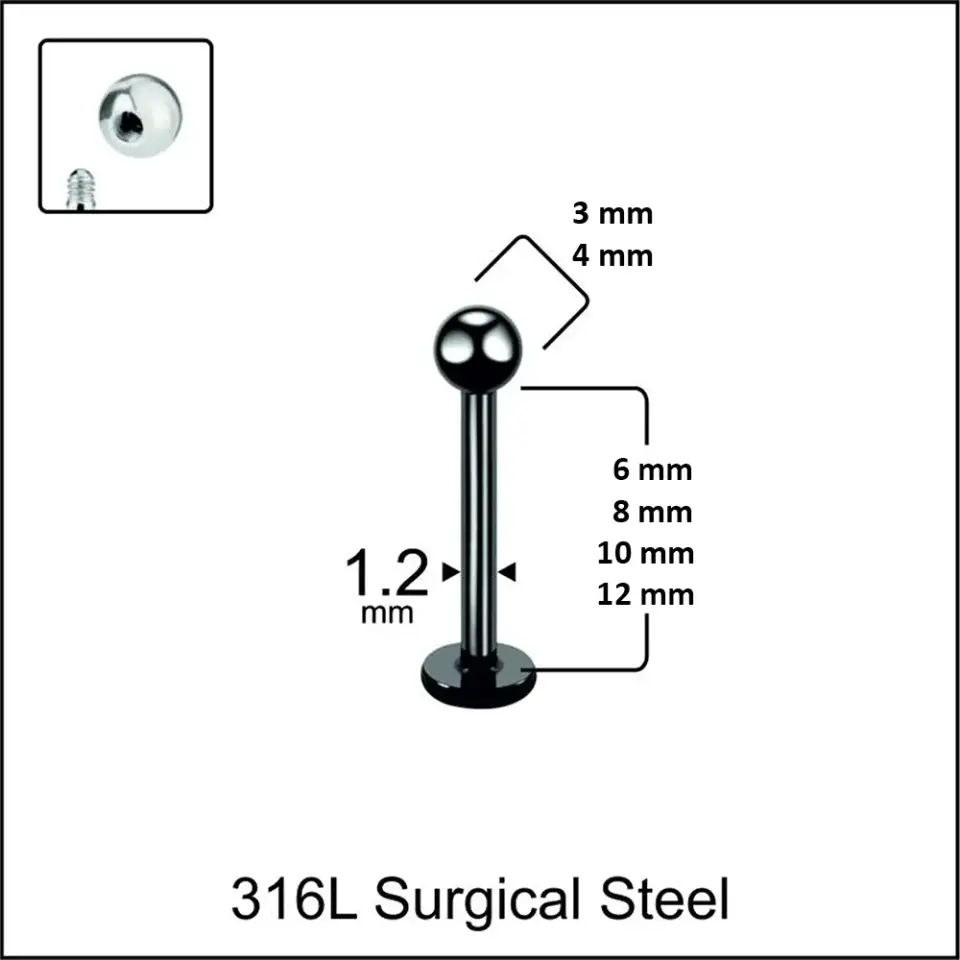 6mm ile 12mm arası bar uzunluklu siyah dudak tragus kıkırdak piercing