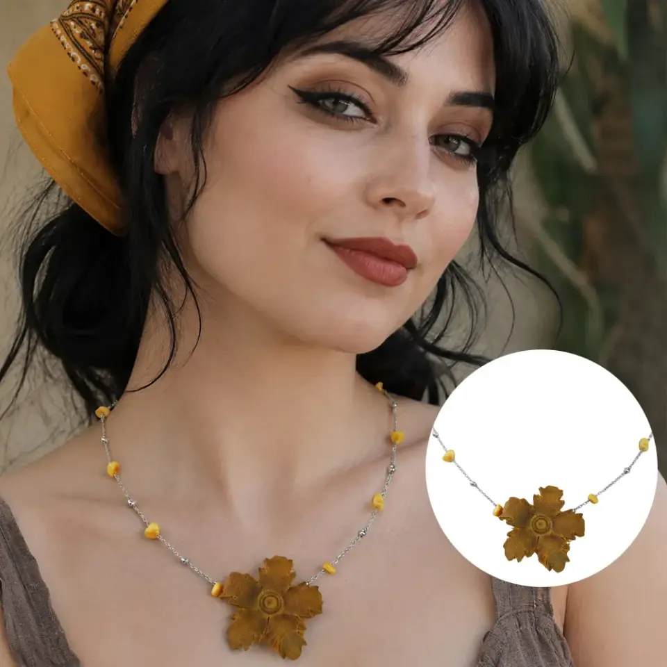 Tomris sarı crazy deri çiçek kolye, çelik zincirli bohem kadın kolye