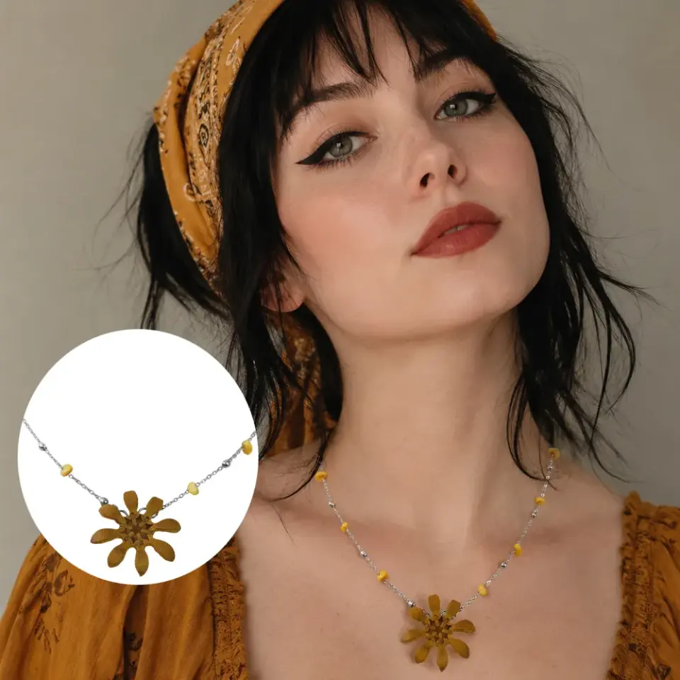 Freya sarı crazy deri çiçek kolye, çelik zincirli bohem kadın kolye