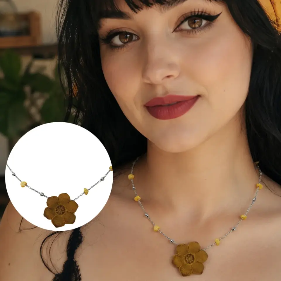 Makeda sarı crazy deri çiçek kolye, çelik zincirli bohem kadın kolye