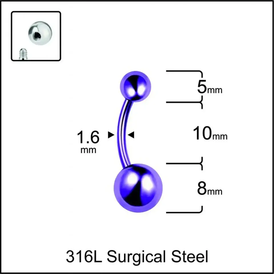 Mor Kaplama Çift Toplu 316L Cerrahi Çelik Göbek Piercing Yakın Çekim