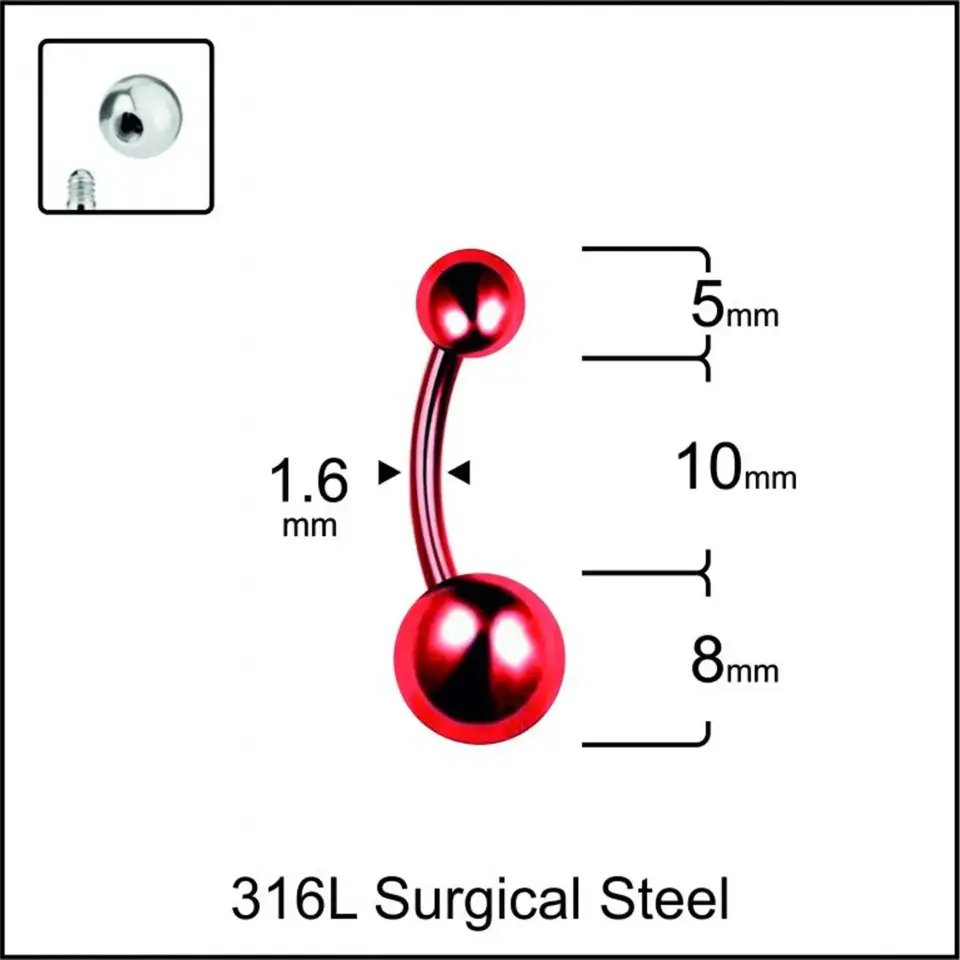 Kırmızı Çift Toplu 316L Cerrahi Çelik Göbek Piercing Detayı