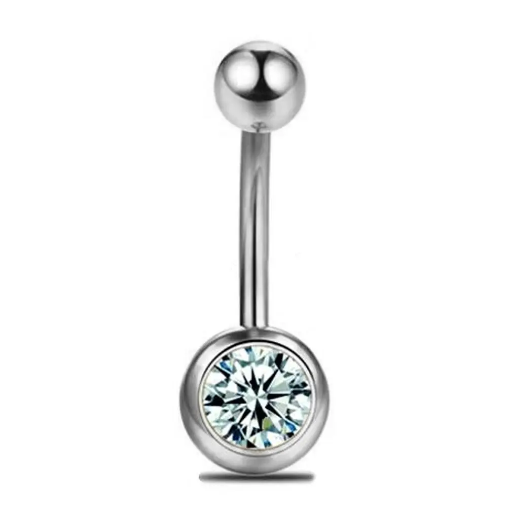 Gümüş Renk Tek Taşlı 316L Cerrahi Çelik Göbek Piercing Genel Görünüm