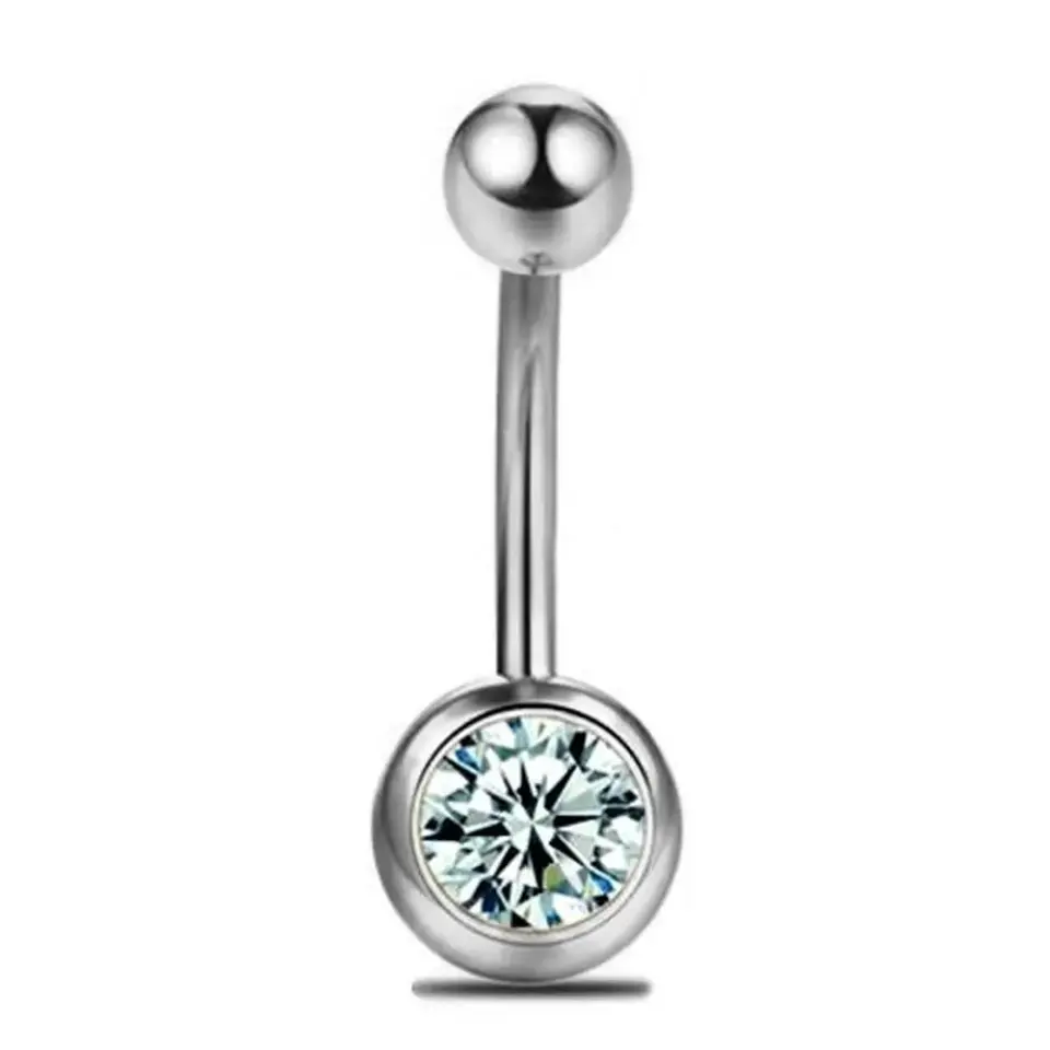 Gümüş Renk Tek Taşlı 316L Cerrahi Çelik Göbek Piercing Genel Görünüm