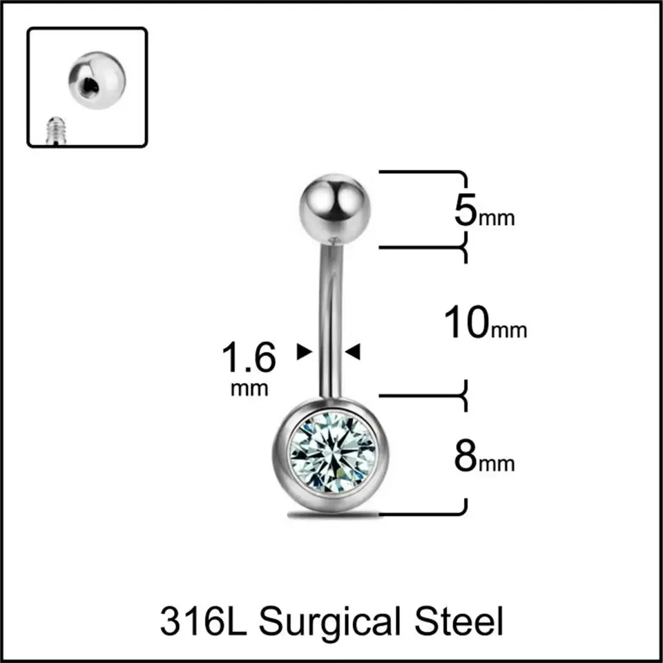 Gümüş Parlak Taş Detaylı 316L Cerrahi Çelik Göbek Piercing Yakın Plan