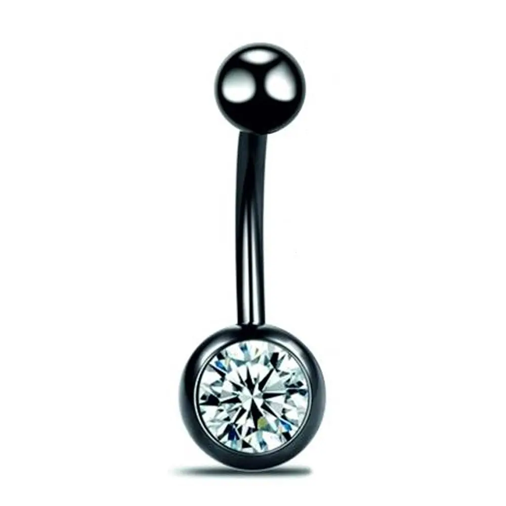 Siyah Kristal Taşlı 316L Cerrahi Çelik Göbek Piercing Genel Görünüm