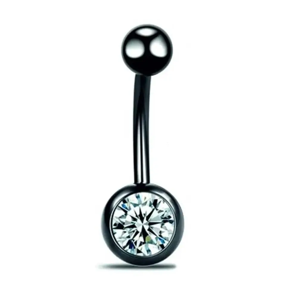 Siyah Kristal Taşlı 316L Cerrahi Çelik Göbek Piercing Genel Görünüm