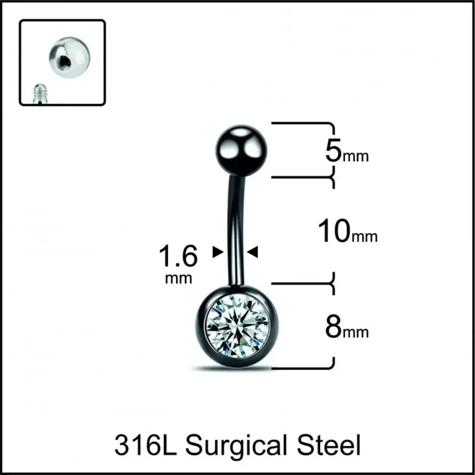 Siyah Parlak Taş Detaylı 316L Cerrahi Çelik Göbek Piercing Yakın Plan