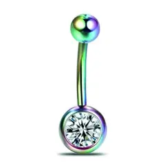 Gökkuşağı Renkli Tek Taşlı 316L Cerrahi Çelik Göbek Piercing Genel Görünüm