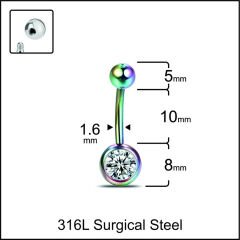 Taşlı Toplu Gökkuşağı Çelik Göbek Piercing