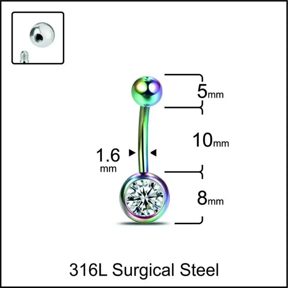 Gökkuşağı Renkli Parlak Kristal Taşlı 316L Cerrahi Çelik Göbek Piercing Yakın Plan
