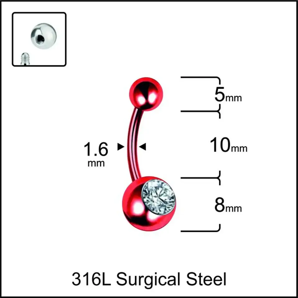 Kırmızı Parlak Taş Detaylı 316L Cerrahi Çelik Göbek Piercing Detayı